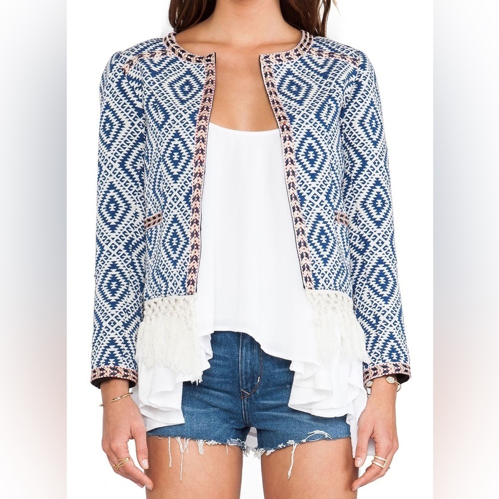 Tularosa Santa Fe Fringe Diamondback Print Woven Jacquard Open Front Jacket Sz S
